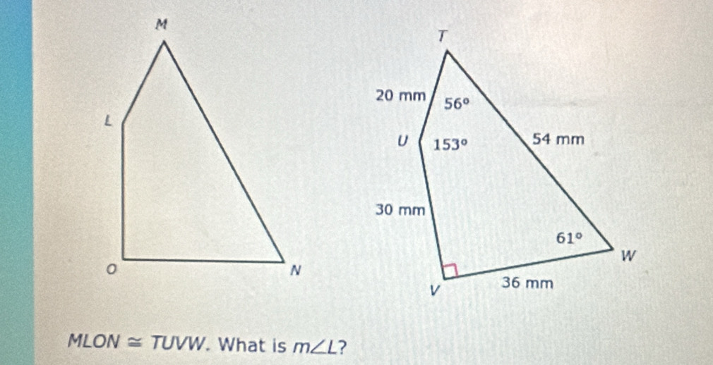 MLON≌ TUVW.. What is m∠ L ?