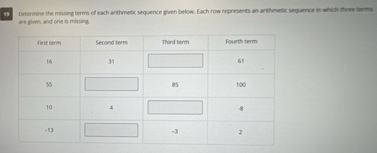 Determine the missing terms of each arithmetic sequence given below. Each row represents an arithmetic sequence in which three terms 
are given, and one is missing.