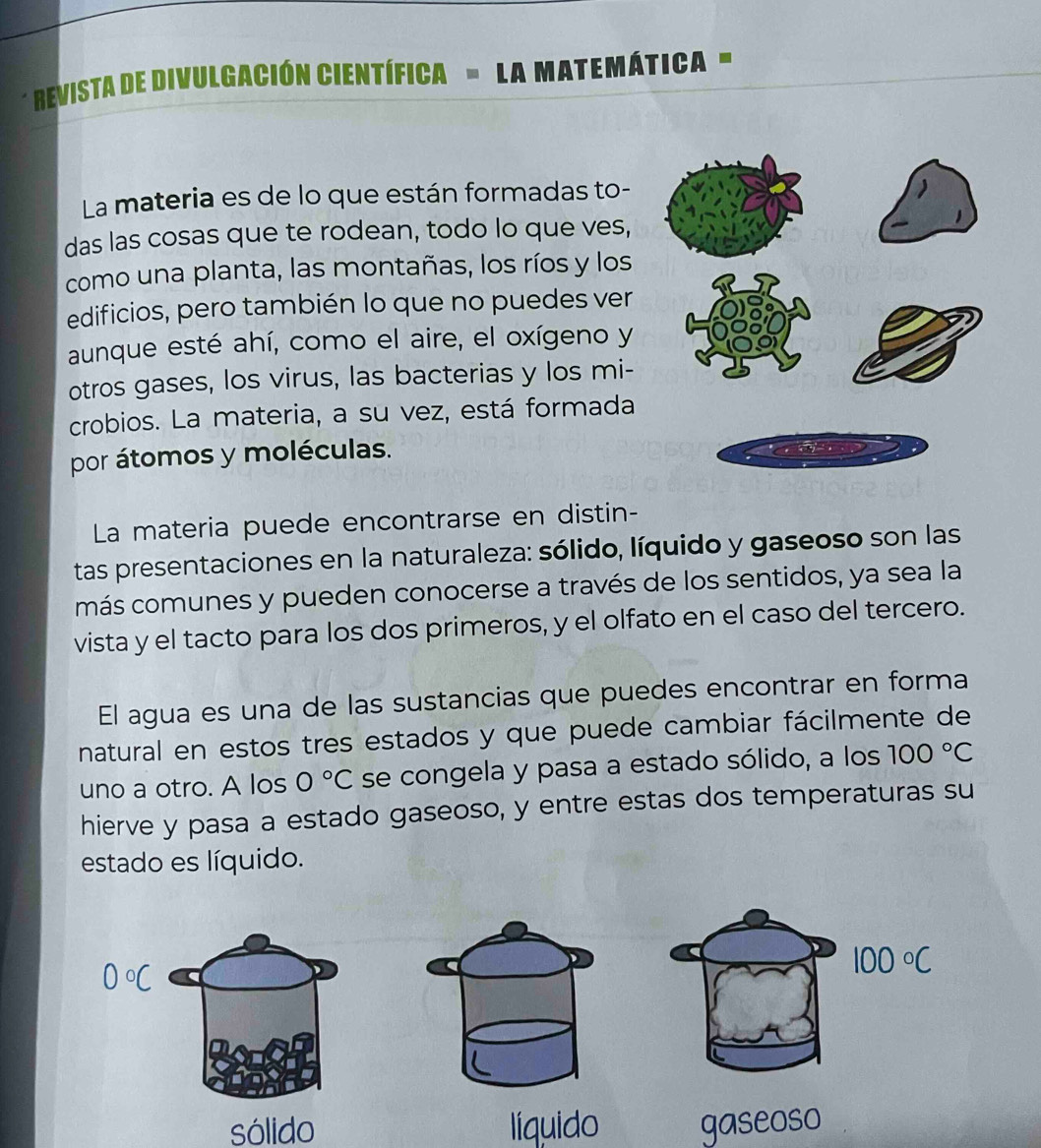 Revista de Divulgación científica -  La Matemática  "
La materia es de lo que están formadas to-
das las cosas que te rodean, todo lo que ves,
como una planta, las montañas, los ríos y los
edificios, pero también lo que no puedes ver
aunque esté ahí, como el aire, el oxígeno y
otros gases, los virus, las bacterias y los mi-
crobios. La materia, a su vez, está formada
por átomos y moléculas.
La materia puede encontrarse en distin-
tas presentaciones en la naturaleza: sólido, líquido y gaseoso son las
más comunes y pueden conocerse a través de los sentidos, ya sea la
vista y el tacto para los dos primeros, y el olfato en el caso del tercero.
El agua es una de las sustancias que puedes encontrar en forma
natural en estos tres estados y que puede cambiar fácilmente de
uno a otro. A los 0°C se congela y pasa a estado sólido, a los 100°C
hierve y pasa a estado gaseoso, y entre estas dos temperaturas su
estado es líquido.
100°C
sólido líquido gaseoso