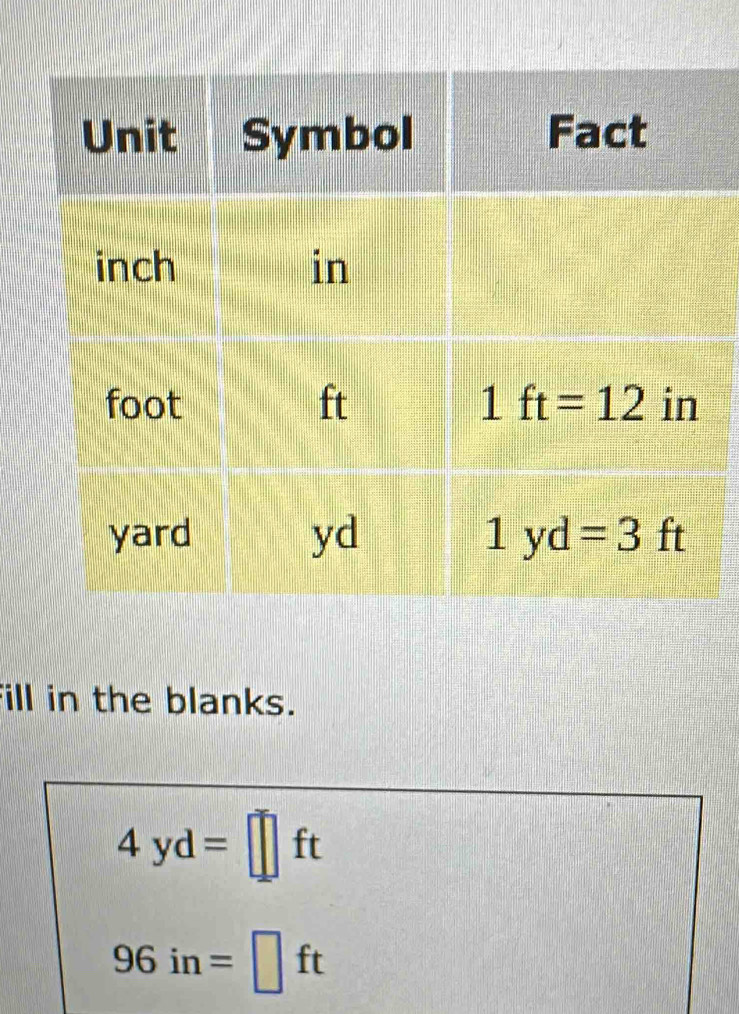 fill in the blanks.
4yd=□ ft
96in=□ ft