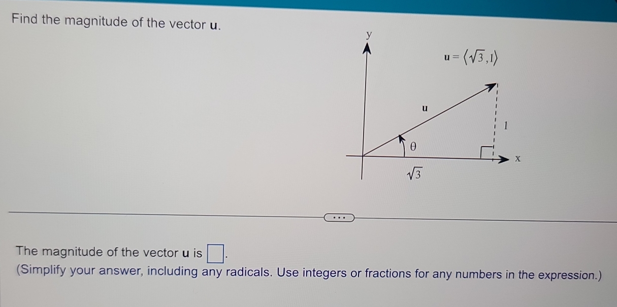 Find the magnitude of the vector u.
The magnitude of the vector u is □ .
(Simplify your answer, including any radicals. Use integers or fractions for any numbers in the expression.)