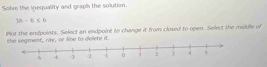 Solve the inequality and graph the solution.
3h-6≤ 6
Plot the endpoints. Select an endpoint to change it from closed to open. Select the middle of 
the segment, ray, or line to delete it.