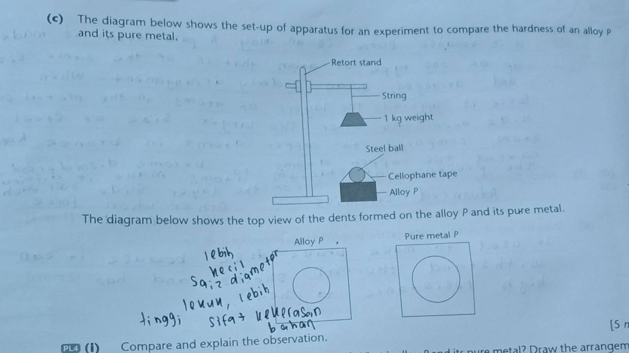 The diagram below shows the set-up of apparatus for an experiment to compare the hardness of an alloy p
and its pure metal. 
Retort stand 
String
1 kg weight 
Steel ball 
Cellophane tape 
Alloy P
The diagram below shows the top view of the dents formed on the alloy P and its pure metal. 
Alloy P ， Pure metal P
[S n 
24 (i) Compare and explain the observation. 
a metal? Draw the arrangem