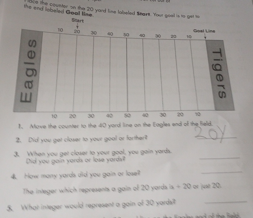 lace the counter on the 20 yard line labeled Start. Your goal is to get to 
the end labeled Goal line. 
Start 
Goal Line
10 20 30 40 50 40 30 20 10 Y
a
10 20 30 40 50 40 30 20 10
1. Move the counter to the 40 yard line on the Eagles end of the field. 
2. Did you get closer to your goal or farther? 
_ 
3. When you get closer to your goal, you gain yards. 
Did you gain yards or lose yards? 
_ 
4. How many yards did you gain or lose? 
_ 
The integer which represents a gain of 20 yards is + 20 or just 20. 
5. What integer would represent a gain of 30 yards?_ 
les and of the field