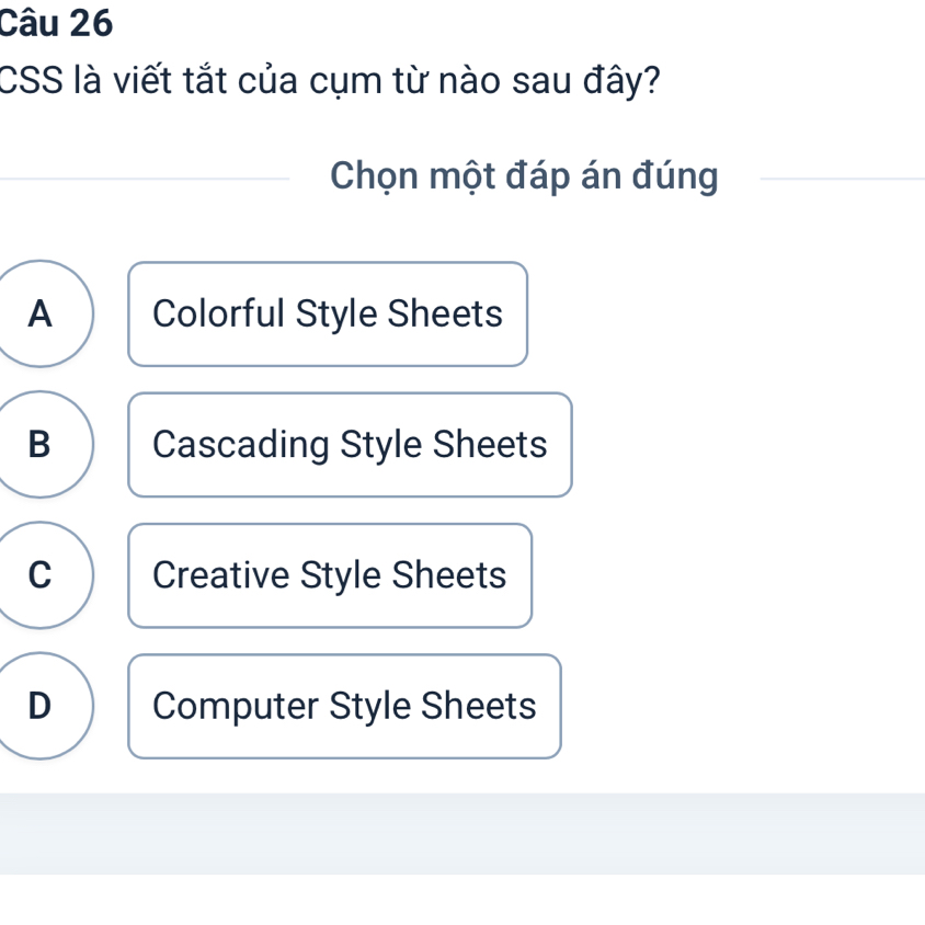 CSS là viết tắt của cụm từ nào sau đây?
Chọn một đáp án đúng
A Colorful Style Sheets
B Cascading Style Sheets
C Creative Style Sheets
D Computer Style Sheets