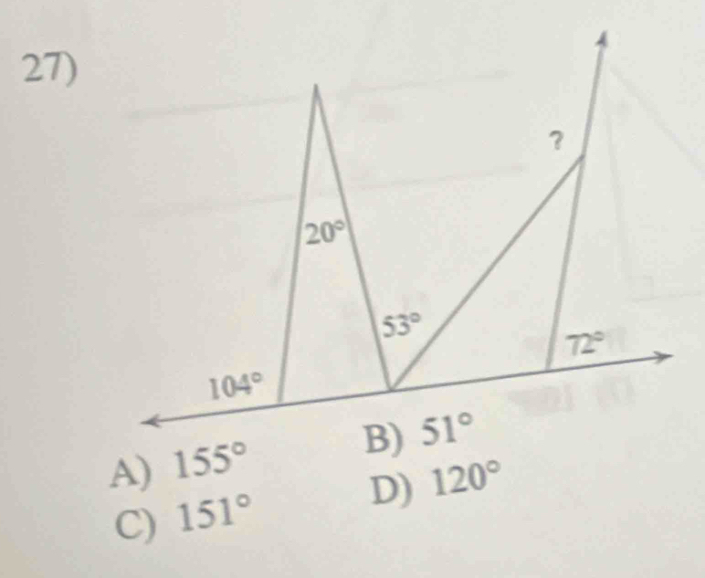 A) 155°
D) 120°
C) 151°