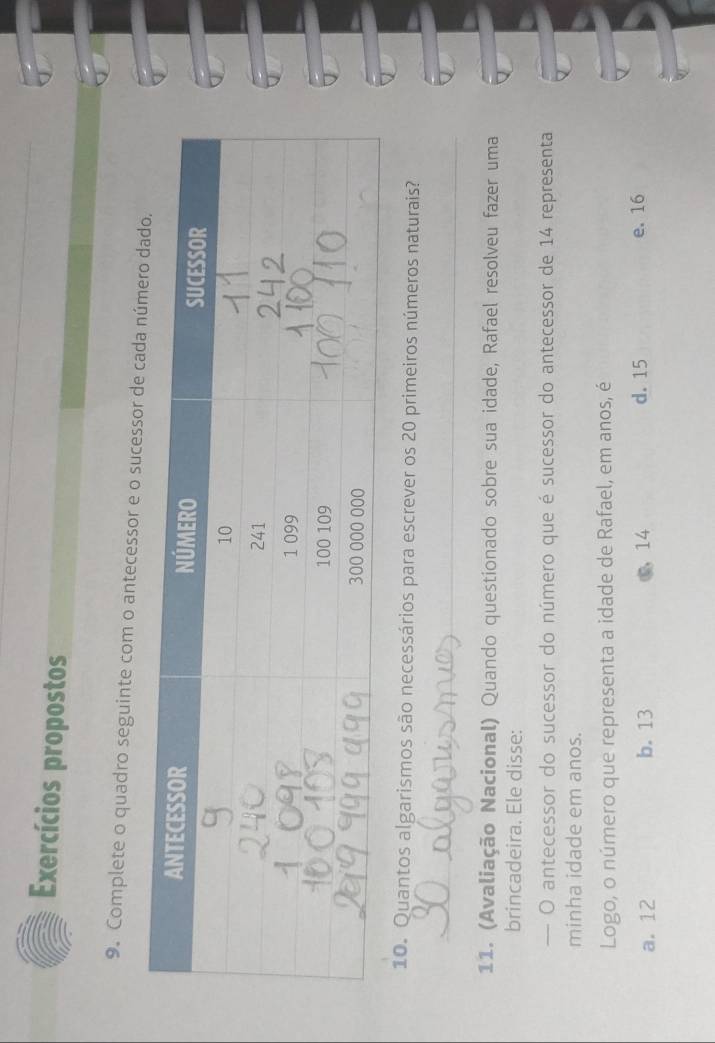 Exercícios propostos
9. Complete o quadro seguinte com o antecessor e o sucessor de c
10. Quantos algarismos são necessários para escrever os 20 primeiros números naturais?
_
11. (Avaliação Nacional) Quando questionado sobre sua idade, Rafael resolveu fazer uma
brincadeira. Ele disse:
- O antecessor do sucessor do número que é sucessor do antecessor de 14 representa
minha idade em anos.
Logo, o número que representa a idade de Rafael, em anos, é
a. 12 b. 13 14 d. 15 e. 16