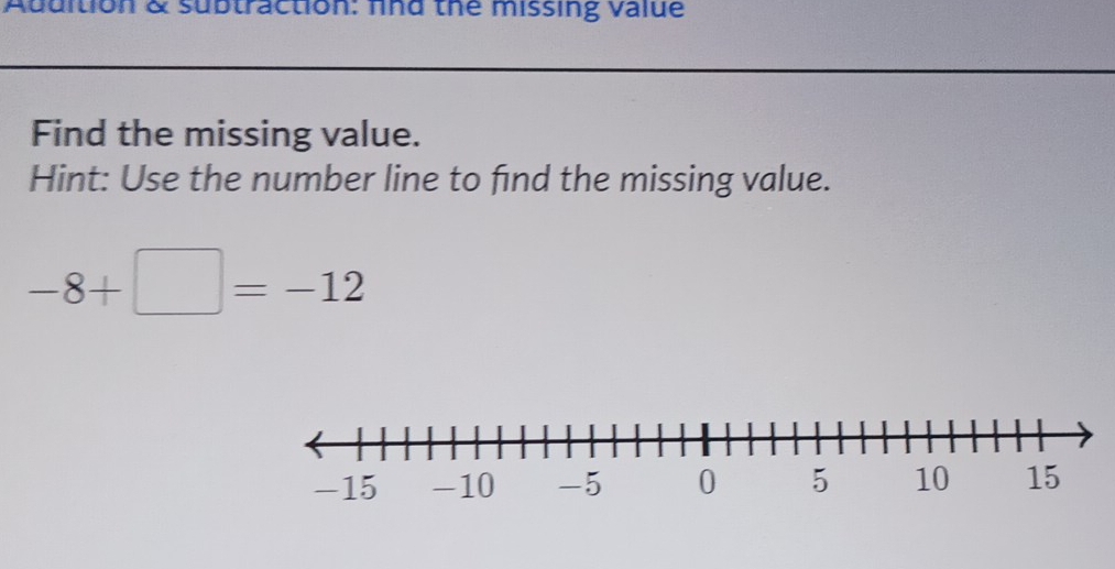 Addition & subtraction: find the missing value 
Find the missing value. 
Hint: Use the number line to find the missing value.
-8+□ =-12