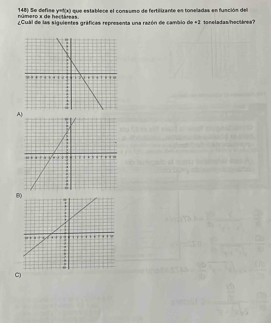 Se define y=f(x) que establece el consumo de fertilizante en toneladas en función del 
número x de hectáreas. 
¿Cuál de las siguientes gráficas representa una razón de cambio de +2 toneladas/hectárea? 
A 
B 
C)