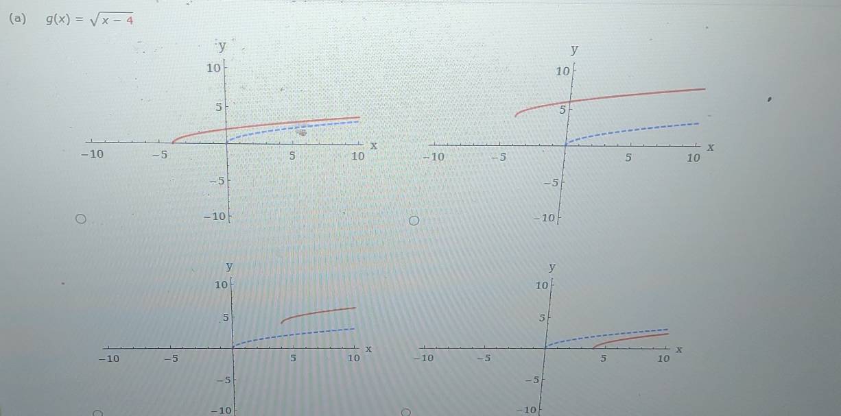 g(x)=sqrt(x-4)
-10 -10