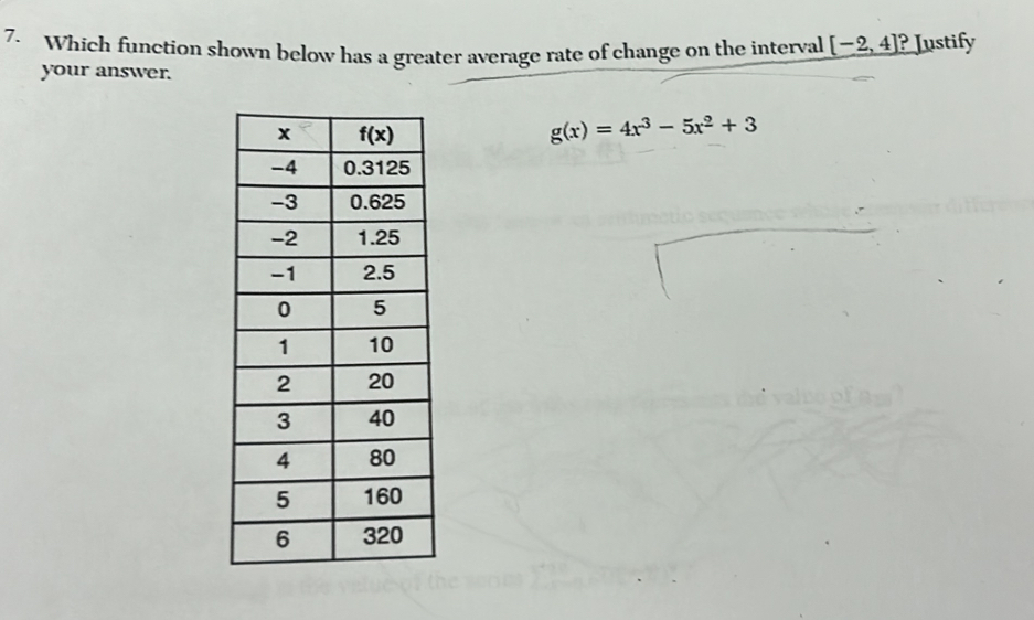 Which function shown below has a greater average rate of change on the interval [-2,4] ? Justify
your answer.
g(x)=4x^3-5x^2+3