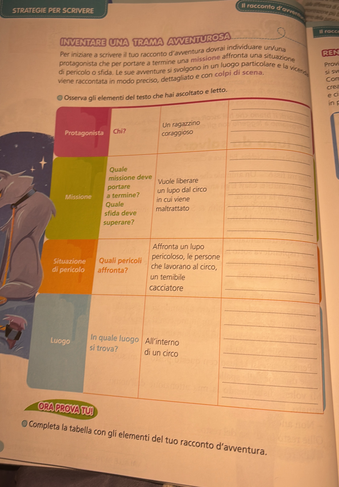 sla dferenza 
STRATEGIE PER SCRIVERE 
Il racconto d'avvent 
Iracc 
INVENTARE UNA TRAMA AVVENTUROSA 
Per iniziare a scrivere il tuo racconto d’avventura dovrai individuare un/una 
protagonista che per portare a termine una missione affronta una situazione REN 
di perícolo o sfida. Le sue avventure si svolgono in un luogo particolare e la vicend Provi 
viene raccontata in modo preciso, dettagliato e con colpi dí scena. sí su 
Con 
crea 
e cí 
in 
Completa la tabella con gli elementi del tuo racconto d’avventura.