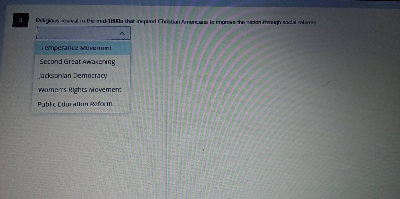 Religious revival in the mid-1800s that inspired Christian Americans to improve the nation through social reforms
Temperance Movement
Second Great Awakening
Jacksonian Democracy
Women's Rights Movement
Public Education Reform