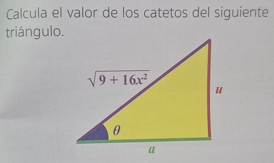 Calcula el valor de los catetos del siguiente
triángulo.