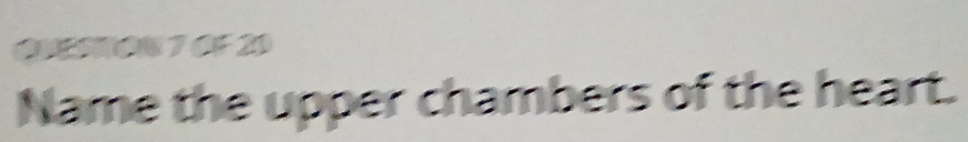 ONESTON 7 OF 20 
Name the upper chambers of the heart.