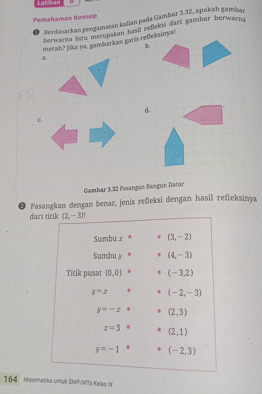 Latihan B 
Pemahaman Konsep 
D Berdasarkan pengamatan kalian pada Gambar 3.32, apakah gambar 
berwarna biru merupakan hasil refleksi dari gambar berwarna 
merah? Jika ya, gambarkan garis refleksinya! 
b. 
a. 
d. 
C. 
Gambar 3.32 Pasangan Bangun Datar 
❷ Pasangkan dengan benar, jenis refleksi dengan hasil refleksinya 
dari titik (2,-3)!
Sumbu x (3,-2)
Sumbu y (4,-3)
Titik pusat (0,0) (-3,2)
y=x
(-2,-3)
y=-x
(2,3)
x=3
(2,1)
y=-1
(-2,3)
164 *Matematika untuk SMP/MTs Kelas IX