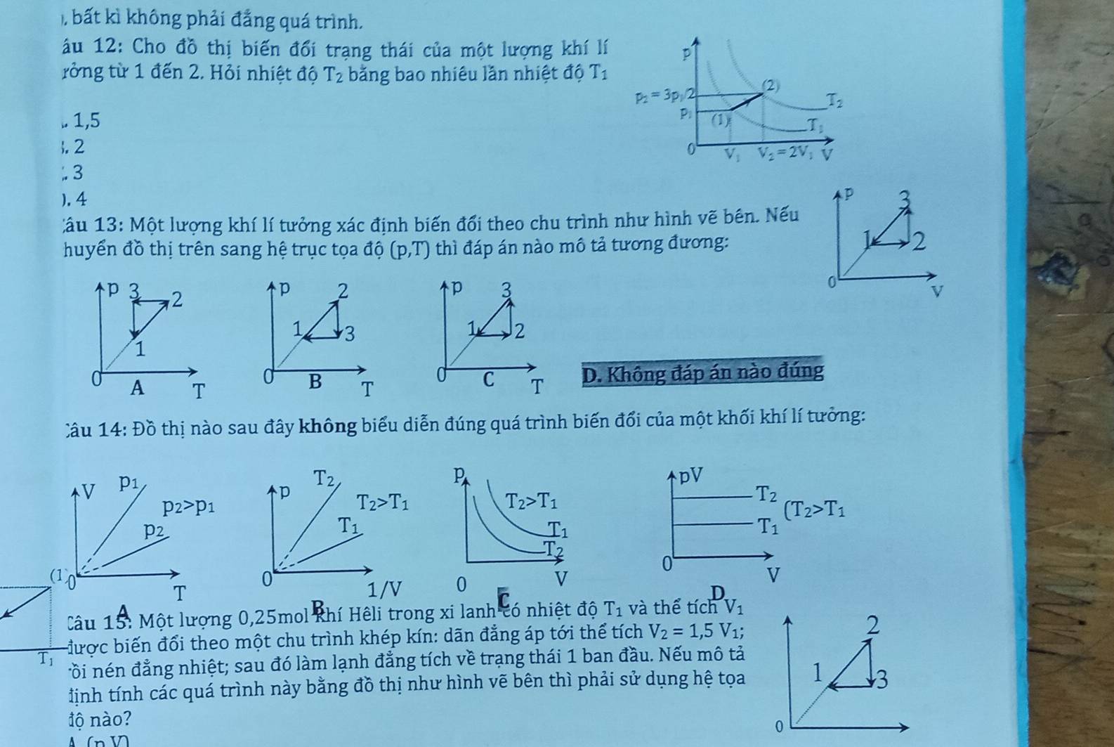 bất k không phải đẳng quá trình.
u 12: Cho đồ thị biến đổi trạng thái của một lượng khí lí
rởng từ 1 đến 2. Hỏi nhiệt độ T_2 bằng bao nhiêu lần nhiệt độ T_1 .. 1,5
.2. 3
p
),4 3
:âu 13: Một lượng khí lí tưởng xác định biến đổi theo chu trình như hình vẽ bên. Nếu
huyển đồ thị trên sang hệ trục tọa độ (p,T) thì đáp án nào mô tả tương đương:
1 2
p 2
p 3
0
v
1 3
1 2
0 C
0 B T T D. Không đáp án nào đúng
Câu 14: Đồ thị nào sau đây không biểu diễn đúng quá trình biến đổi của một khối khí lí tưởng:
pV
_T_1^T_2(T_2>T_1
0
V
D
Câu 15: Một lượng 0,25mol Khí Hêli trong xi lanh có nhiệt độ T_1 và thể tích V_1
được biến đổi theo một chu trình khép kín: dãn đẳng áp tới thể tích V_2=1,5V_1; 2
T1 ồi nén đẳng nhiệt; sau đó làm lạnh đẳng tích về trạng thái 1 ban đầu. Nếu mô tả
định tính các quá trình này bằng đồ thị như hình vẽ bên thì phải sử dụng hệ tọa 1 3
độ nào?
0