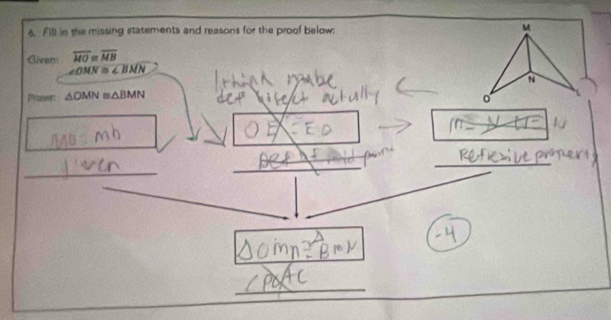 Fill in the missing statements and reasons for the proof below: 
Given overline MO≌ overline MB
∠ OMN≌ ∠ BNN
Prave △ OMN≌ △ BMN
_ 
_ 
_ 
_ 
_