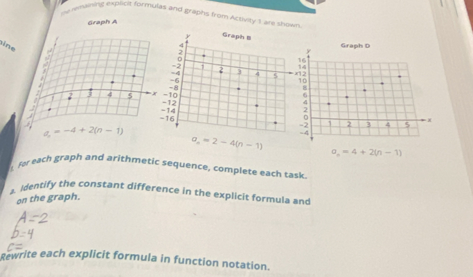 The remaining explicit formulas and graphs from Activity 1 are shown 
ine
a_n=-4+2(n-1)
a_n=2-4(n-1)
a_n=4+2(n-1)
1. For each graph and arithmetic sequence, complete each task. 
;. Identify the constant difference in the explicit formula and 
on the graph. 
Rewrite each explicit formula in function notation.