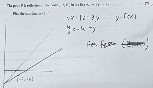 The point P is reflection of the point (-2,10) in the line 4x-3y=12 [7]
Find the coordinates of P