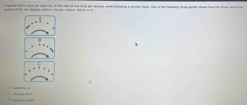 Suppose that a race car leaks oil, at the rate of one drop per second, while following a circular track. One of the following three panels shows how the drops would be
spaced if the car obeyed uniform circular motion. Which is it?
A
B
C
speeding up
slowing down
constant speed