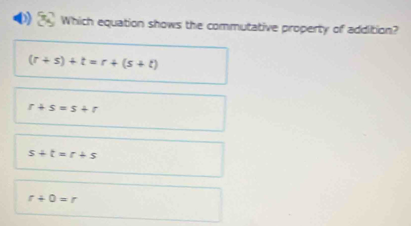 Which equation shows the commutative property of addition?
(r+s)+t=r+(s+t)
r+s=s+r
s+t=r+s
r+0=r