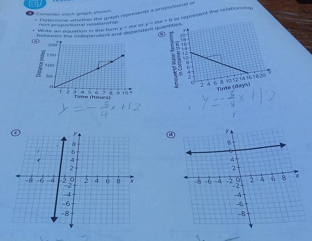 tal
Determine whether the graph represents a proportional or
Consider each graph shown.
between the independent and dependent qu y=mx+b to represent the relationship
non-proportional relationship.
Write an equation in the form y=mx or
b
a