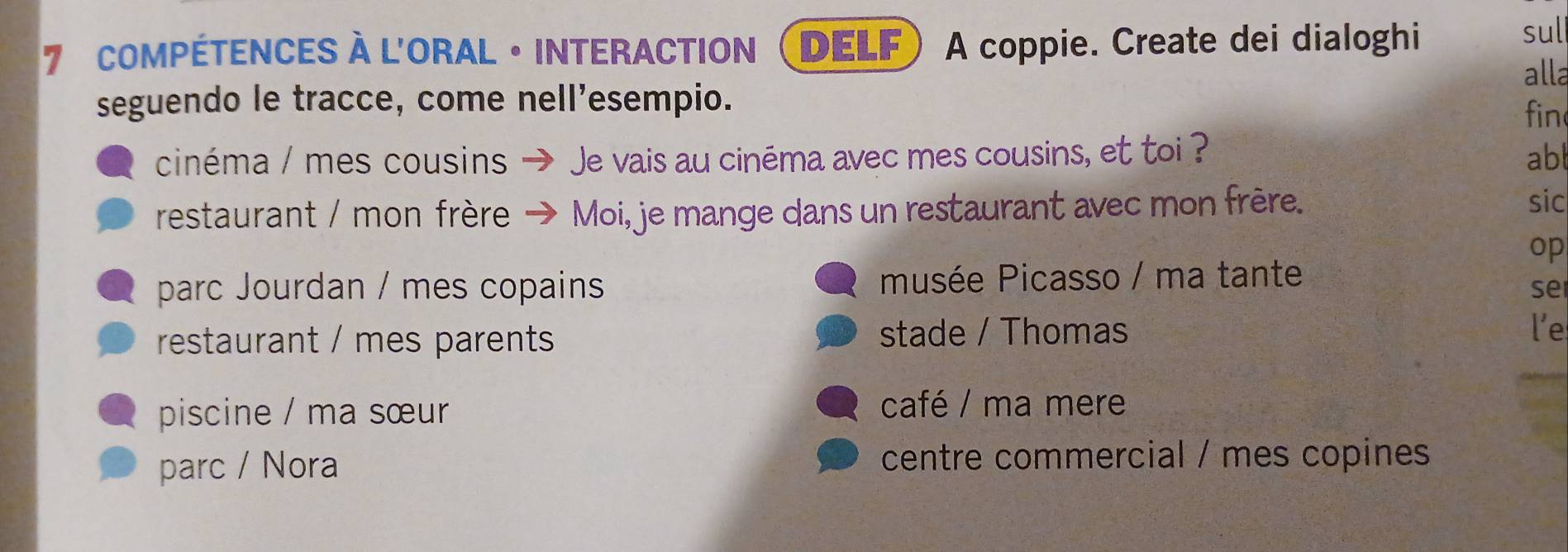 Compétences à l'Oral · Interaction DELF ) A coppie. Create dei dialoghi
sul
alla
seguendo le tracce, come nell'esempio.
fin
cinéma / mes cousins → Je vais au cinéma avec mes cousins, et toi ? abl
restaurant / mon frère → Moi, je mange dans un restaurant avec mon frère.
sic
op
parc Jourdan / mes copains musée Picasso / ma tante
se
restaurant / mes parents stade / Thomas
l'e
piscine / ma sœur café / ma mere
parc / Nora centre commercial / mes copines