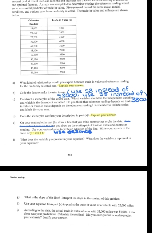 amount paid at recent used-car auctions and indicates the trae-in vaites accon 
and optional features. A study was completed to determine whether the odometer reading would 
serve as a useful predictor of trade-in value. Five-year-old cars of the same make, model, 
condition, and options have been randomly selected. The trade-in value and mileage are shown 
bel 
a) What kind of relationship would you expect between trade-in value and odometer reading 
for the randomly selected cars. Explain your answer. 

b) Code the data to make it easier to use. e a 
use 
c) Construct a scatterplot of the coded data. Which variable should be the independent variable 
and which is the dependent variable? Do you think that odometer reading depends on trade 
in value or trade-in value depends on the odometer reading? Remember to include scales 
and labels for your axes. 
d) Does the scatterplot confirm your description in part (a)? Explain your answer. 
e) On your scatterplot in part (b), draw a line that you think summarizes or fits the data. Pick 
on the line you drew on the scatterplot of trade-in value and odometer 
reading. Use your ordered pairs to write an equation of the line. Write your answer in the 
form of y=mx+b
f) What does the variable y represent in your equation? What does the variable x represent in 
your equation? 
213 
Student Activity 
g) What is the slope of this line? Interpret the slope in the context of this problem. 
h) Use your equation from part (e) to predict the trade-in value of a vehicle with 52,000 miles. 
i) According to the data, the actual trade-in value of a car with 52,000 miles was $4,000. How 
close was your prediction? Calculate the residual. Did you over-predict or under-predict 
your estimate? Justify your answer.