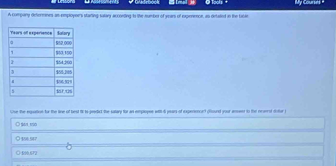 Lessors L Assessments Gradebook Email 30 O Tools + My Courses *
A company determines an employee's starting salary according to the number of years of expenence, as detailed in the table
Use the equation for the line of best fit to predict the salary for an employee with 6 years of experience? (Round your answer to the nearest dotar )
$61, 150
$58.587
○ $59,572