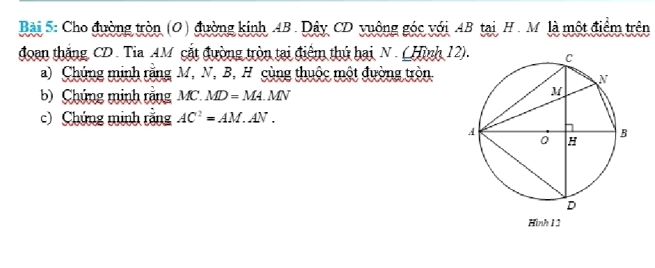 Cho đường tròn (O) đường kinh 4B. Dây CD vuông góc với 4B tại H. M. là một điểm trên 
đoan thắng CD. Tia AM cắt đường tròn tại điệm thứ hai N. ( Hình 12 
a) Chứng minh rằng M, N, B, H cùng thuộc một đường tròn 
b) Chúng minh rằng M. MD=MA. . MN
c) Chứng minh rằng AC^2=AM.AN. 
Hình 1 3