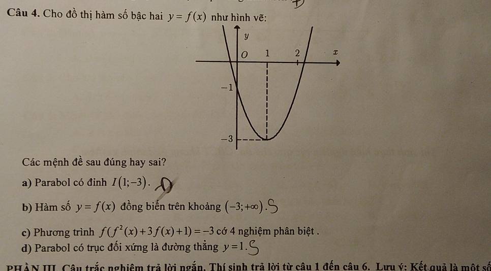 Cho đồ thị hàm số bậc hai y=f(x) như hình vẽ: 
Các mệnh đề sau đúng hay sai? 
a) Parabol có đỉnh I(1;-3). 
b) Hàm số y=f(x) đồng biến trên khoảng (-3;+∈fty )
c) Phương trình f(f^2(x)+3f(x)+1)=-3 cớ 4 nghiệm phân biệt . 
d) Parabol có trục đối xứng là đường thẳng y=1. 
PHÀN III Câu trắc nghiêm trả lời ngắn. Thí sinh trả lời từ câu 1 đến câu 6. Lưu ý: Kết quả là một số