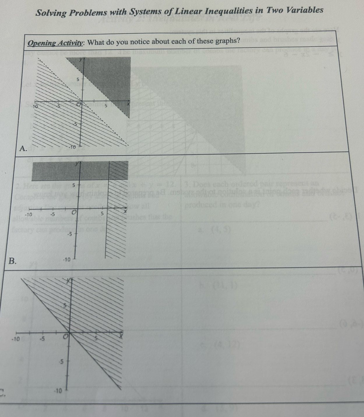 Solving Problems with Systems of Linear Inequalities in Two Variables 
Opening Activity: What do you notice about each of these graphs? 
A 
B. 
C.