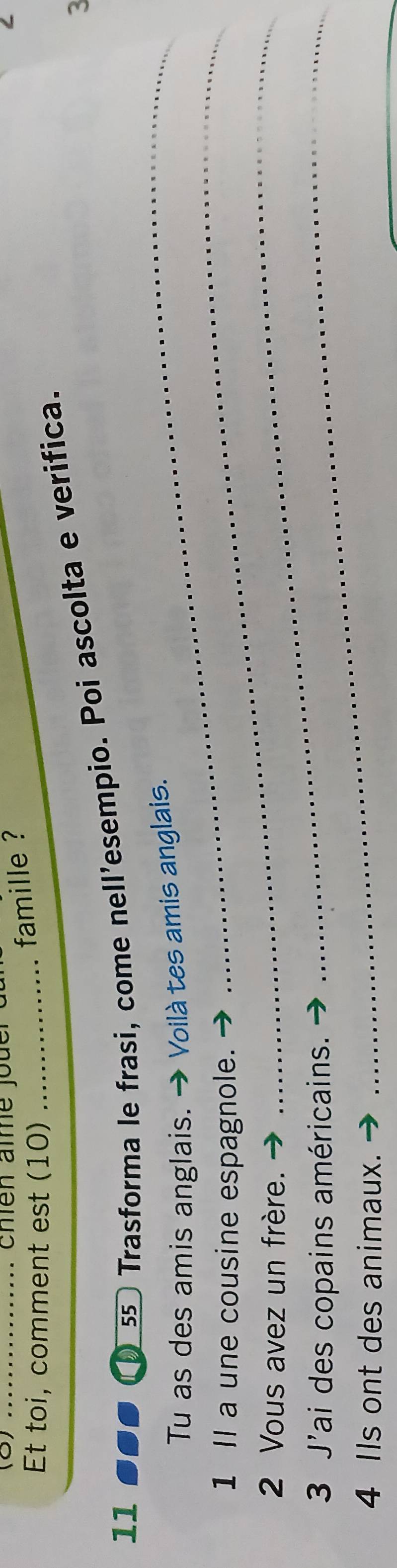 (0) _chién aïme jouer 
Et toi, comment est (10)_ 
famille ? 
3 
11 
■■● ① 5 Trasforma le frasi, come nell'esempio. Poi ascolta e verifica. 
_ 
_ 
Tu as des amis anglais. → Voilà tes amis anglais. 
1 Il a une cousine espagnole. 
2 Vous avez un frère. 
3 J'ai des copains américains. 
_ 
4 Ils ont des animaux.