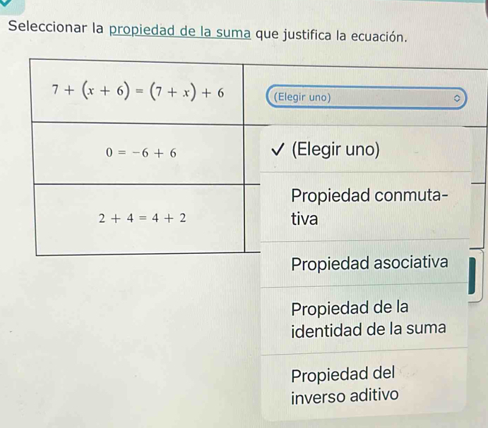 Seleccionar la propiedad de la suma que justifica la ecuación.
(Elegir uno)
(Elegir uno)
Propiedad conmuta-
tiva
Propiedad asociativa
Propiedad de la
identidad de la suma
Propiedad del
inverso aditivo