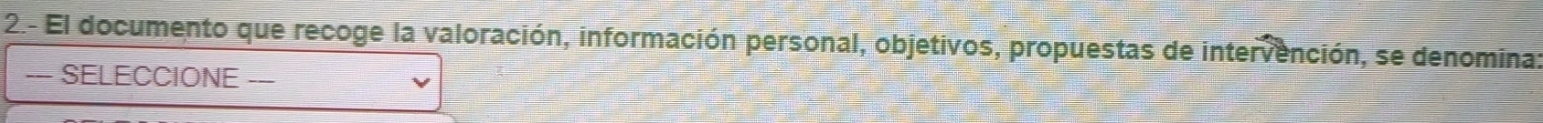 2- El documento que recoge la valoración, información personal, objetivos, propuestas de intervención, se denomina: 
-- SELECCIONE ---