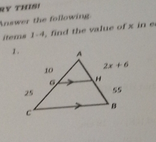 RY THIS!
Answer the following.
items 1-4, find the value of x in e