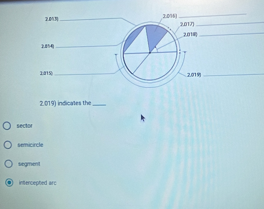 2.019)_
2019) indicates the_
sector
semicircle
segment
intercepted arc