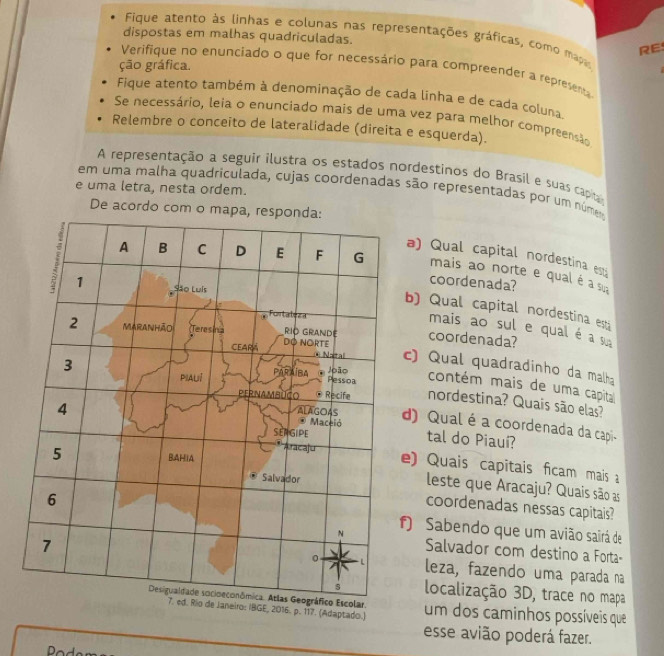 Fique atento às linhas e colunas nas representações gráficas, como mapa
dispostas em malhas quadriculadas. RE
ção gráfica.
Verifique no enunciado o que for necessário para compreender a representa
Fique atento também à denominação de cada linha e de cada coluna
Se necessário, leia o enunciado mais de uma vez para melhor compreensão
Relembre o conceito de lateralidade (direita e esquerda).
A representação a seguir ilustra os estados nordestinos do Brasil e suas capra
e uma letra, nesta ordem.
em uma malha quadriculada, cujas coordenadas são representadas por um númem
De acordo com o mapa, responda:
a) Qual capital nordestina e
A B C D E F G mais ao norte e qual é a su
coordenada?
1 São Luís
b) Qual capital nordestina est
. Fortaleza
mais ao sul e qual é a su
2 MarANhão (Teresina DO NORTE RIO GRANDE coordenada?
CEARA  Natral c) Qual quadradinho da malha
pialí
3 PARAÍBA João contém mais de uma capita
Pessoa
Pernambuco . Recife nordestina? Quais são elas?
4
ALAGOAS d) Qual é a coordenada da capi-
* Maceió
SERGIPE tal do Piauí?
5 BAHIA
Aracaju e) Quais capitais ficam mais 
Salvador
leste que Aracaju? Quais são as
coordenadas nessas capitais?
6 f) Sabendo que um avião sairá de
N
Salvador com destino a Forta-
0   
7 leza, fazendo uma parada na
s localização 3D, trace no mapa
Desigualdade socioeconômica. Atlas Geográfico Escolar. um dos caminhos possíveis que
7. ed. Río de Janeiro: IBGE, 2016. p. 117. (Adaptado.)
esse avião poderá fazer.