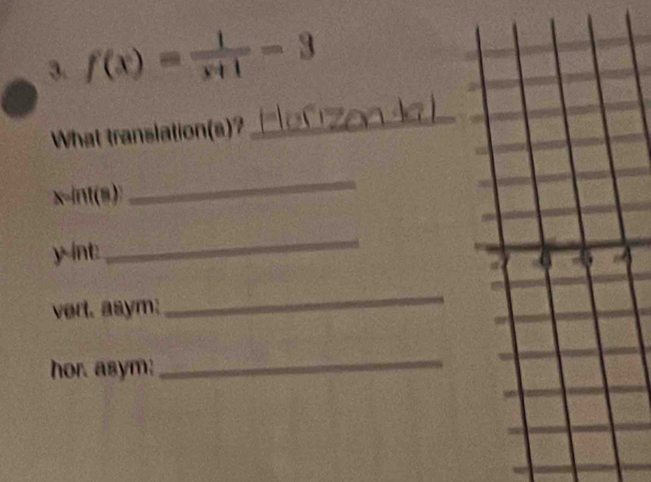 f(x)= 1/x+1 -3
What translation(s)? 
_
x -int(s) 
_
y int 
_ 
vert. asym: 
_ 
hor. asym; 
_