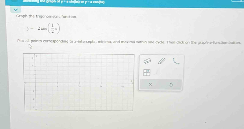 Sketching the graph of y = a sin(bx) or y = a cos(bx)
Graph the trigonometric function.
y=-2cos ( 1/2 x)
Plot all points corresponding to x-intercepts, minima, and maxima within one cycle. Then click on the graph-a-function button. 
5