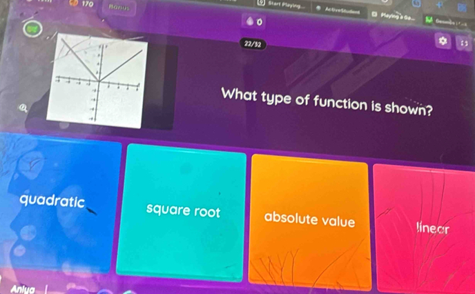 Start Playing At tve Studient □ Maying 'a eo_
170 Banus 。
22/32
What type of function is shown?
quadratic square root absolute value línear