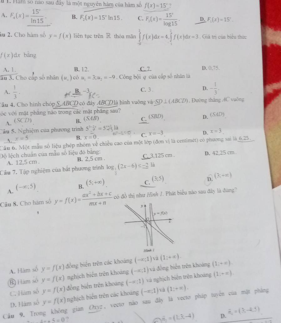 Hàm số nào sau đây là một nguyên hàm của hàm số f(x)=15^x ?
A. F_4(x)= 15^x/ln 15 . B. F_2(x)=15^xln 15. C. F_3(x)= 15^x/log 15 . D. F_1(x)=15°.
âu 2. Cho hàm số y=f(x) liên tục trên R thỏa mãn ∈tlimits _(-a)^2f(x)dx=4,∈tlimits _1^(2f(x)dx=3. Giá trị của biểu thức
f(x)dx bằng
A. 1. B. 12. C. 7 D. 0.75.
âu 3. Cho cấp số nhân (u_n)) có u_1=3;u_2=-9. Công bội q của cấp số nhân là
A.  1/3 . B. -3 C. 3. D. - 1/3 .
Câu 4. Cho hình chóp S.ABCD có đây ABCDlà hình vuông và SD⊥ (ABCD). Đường thắng AC vuống
vớc với mặt phăng nào trong các mặt phăng sau?
C. (SBD)
A. (SCD) B. (SAB) D. (SAD)
Câu 5. Nghiệm của phương trình 5^(3-2x)=5^x csla
A. x=5
B. x=0. C. x=-3 D. x=3
Cầu 6. Một mẫu số liệu ghép nhóm về chiều cao của một lớp (đơn vị là centimét) có phương sai là 6,25.
Độ lệch chuẩn của mẫu số liệu đó bằng: D. 42,25 cm .
A. 12,5 cm . B. 2,5 cm . C. 3,125 cm .
Câu 7. Tập nghiệm của bất phương trình log _ 1/2 (2x-6)
A. (-∈fty :5)
B. (5;+∈fty )
C. (3;5)
D. (3;+∈fty )
Câu 8. Cho hàm số y=f(x)= (ax^2+bx+c)/mx+n  có đồ thị như Hình J. Phát biểu nào sau đây là đúng?
A. Hàm số y=f(x) đồng biến trên các khoảng (-∈fty ;1) và (1;+∈fty ).
B) Hám số y=f(x) nghịch biến trên khoảng (-∈fty ;1) và đồng biển trên khoảng (1;+x).
C. Hàm số y=f(x) đồng biến trên khoáng (-∈fty ;1) và nghịch biên trên khoảng (1;+x).
D. Hàm số y=f(x) nghịch biến trên các khoảng (-∈fty ;1) và (1;+∈fty ).
Cầu 9. Trong không gian Oxyz, vectơ não sau đây là vectơ pháp tuyển của mặt phẳng
4x+5=0 ?
overline n_2=(1;3;-4) D. overline n_4=(3x-4:5)