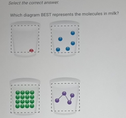 Select the correct answer. 
Which diagram BEST represents the molecules in milk?