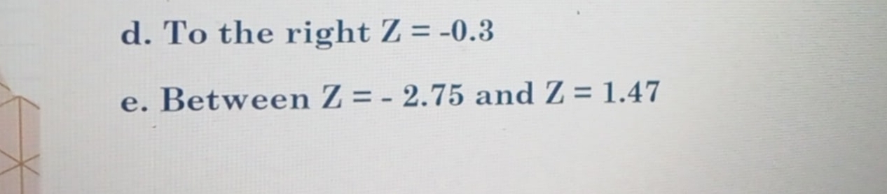 To the right Z=-0.3
e. Between Z=-2.75 and Z=1.47