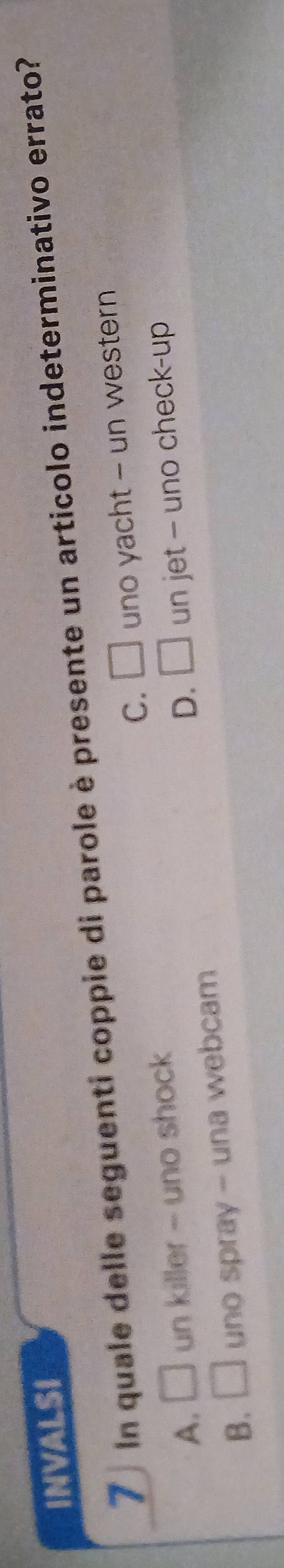INVALSI
7 In quale delle seguenti coppie di parole è presente un articolo indeterminativo errato?
C. □
A. □ un killer - uno shock uno yacht - un western
D. □
B. □ uno spray - una webcam un jet - uno check-up