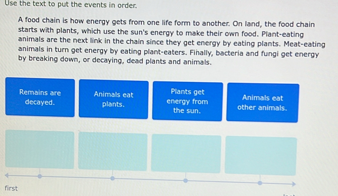 Use the text to put the events in order. 
A food chain is how energy gets from one life form to another. On land, the food chain 
starts with plants, which use the sun's energy to make their own food. Plant-eating 
animals are the next link in the chain since they get energy by eating plants. Meat-eating 
animals in turn get energy by eating plant-eaters. Finally, bacteria and fungi get energy 
by breaking down, or decaying, dead plants and animals. 
Remains are Animals eat Plants get Animals eat 
decayed. plants. energy from other animals. 
the sun. 
first