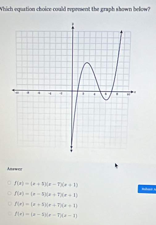 Which equation choice could represent the graph shown below?
Answer
f(x)=(x+5)(x-7)(x+1)
Submit A
f(x)=(x-5)(x+7)(x+1)
f(x)=(x+5)(x+7)(x+1)
f(x)=(x-5)(x-7)(x-1)