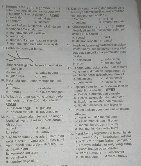 Bentuk peta yang digambar harus 14. Daerah yang panjang dan rendah yang
sebangun dengan keadaan sebenamya biasanya ditemukan di antara perbukitan
di lapangan, disebut dengan .... ; o s dan pegunungan adalah ....
a. ekuivalen c. ekuidistan
b. konform d. landform b. gunung a.º lembah c. tanjung
d. dataran rendah
8. Berikut bukan langkah-langkah dalam 15. Kenampakan alam yang dapat
membaca peta adalah ....
a. menentukan letak wilayah dimanfaatkan oleh masyarakat setempat
b. menjiplak untuk PLTA adalah ....
c. menyebutkan pembagian wilayah a. sungai b. dataran rendah d. pantai c. bukit
d. menyebutkan batas-batas wilayah
9. Perhatikan gambar berikut! 16. Segala kegiatan magma dari lapisan dalam
litosfer menyusup ke lapisan yang lebih
atas atau sampai ke luar permukaan bumi
disebut ....
a. pelapukan c.* vulkanisme
Simbol pada gambar tersebut merupakan b. erosi d. sedimentasi
simbol dari ....
17. Tenaga yang bekerja dari dalam bumi
a sungai c. batas negara yang mengakibatkan pergeseran dan
b. jalan raya d. danau perubahan posisi lapisan batuan disebut ....
10. Peta tata guna lahan merupakan jenis b. pelapukan a. tektonisme c. sedimentasi d. vulkanisme
peta ....
a. umum c. kadaster 18. Lapisan yang termasuk dalam lapisan
b. tematik d. skala menengah mantel bumi adalah .... COTS
11. Wilayah daratan luas yang terletak pada a. litosfer, hidrosfer, dan atmosfer
b. litosfer, astenosfer, dan atmosfer
ketinggian di atas 200 mdpl adalah .... c. litosfer, astenosfer, dan mesosfer
HOTS d. litosfer, mesosfer, dan hidrosfer
a. dataran tinggi c. gunung 19. Urutan Iapisan bumi dari luar ke dalam,
b. dataran rendah d. pegunungan
12. Kenampakan alam berupa cekungan yaitu .... a. kerak, inti, dan mantel bumi
berisi air yang dikelilingi oleh daratan b. kerak, mantel, dan inti bumi
disebut .... c. mantel, kerak, dan inti bumi
a. laut c. sungai
b. selat d. danau d. inti, mantel, dan kerak bumi
13. Segala sesuatu yang ada di alam atau 20. Kerak bumi yang berada di bawah tanah
segala sesuatu yang ada di atas bumi dan mempunyai ketebalan sekitar
20-70 km dengan batuan penyusun
yang terjadi secara alamiah disebut .... utamanya adalah granit, yang tidak
a. gejala alam
b. kenampakan alam sepadat batuan basalt disebut ....
c. peristiwa alam a. kerak samudra c. astenosfer
d. sumber daya alam b. selimut bumi d. kerak benua