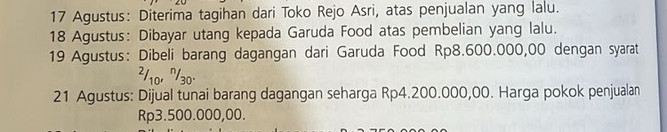 Agustus: Diterima tagihan dari Toko Rejo Asri, atas penjualan yang lalu. 
18 Agustus: Dibayar utang kepada Garuda Food atas pembelian yang lalu. 
19 Agustus: Dibeli barang dagangan dari Garuda Food Rp8.600.000,00 dengan syarat 
²/10º ' 30. 
21 Agustus: Dijual tunai barang dagangan seharga Rp4.200.000,00. Harga pokok penjualan
Rp3.500.000,00.